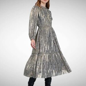 Current Air Gold Metallic Floral Midi Dress Brown Size M